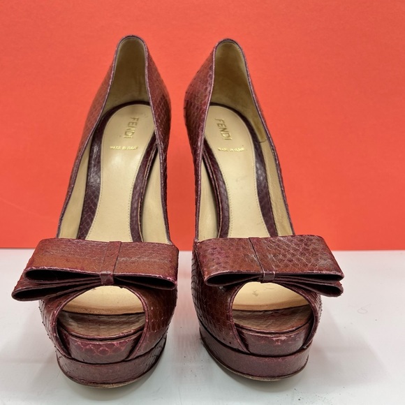 FENDI Brick Red Snakeskin Embossed Leather Ultra High Heels - Picture 5 of 11